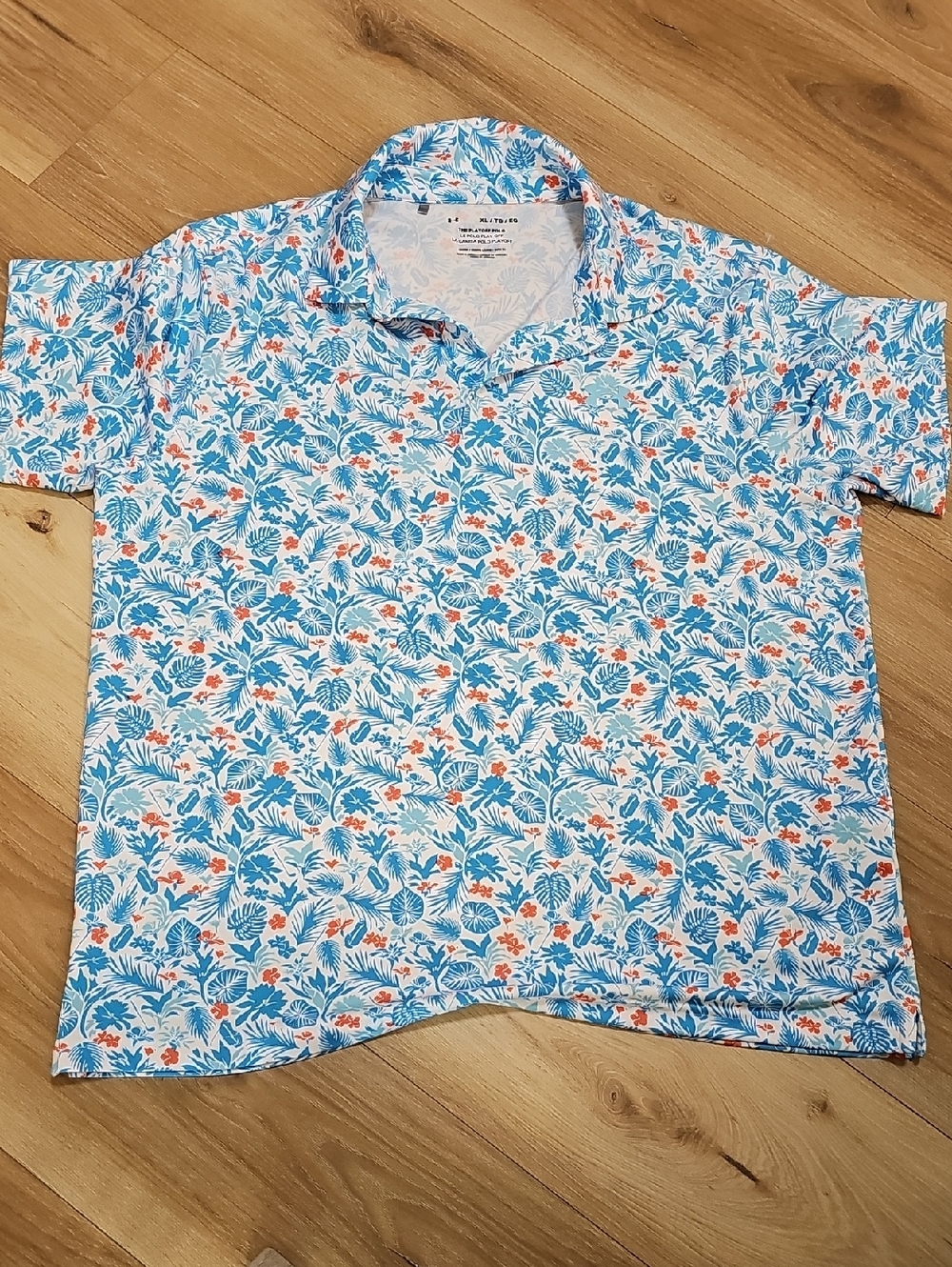 Under Armour Golf The Play Off Polo Blue and Orange Tropical Print Shirt Sz XL